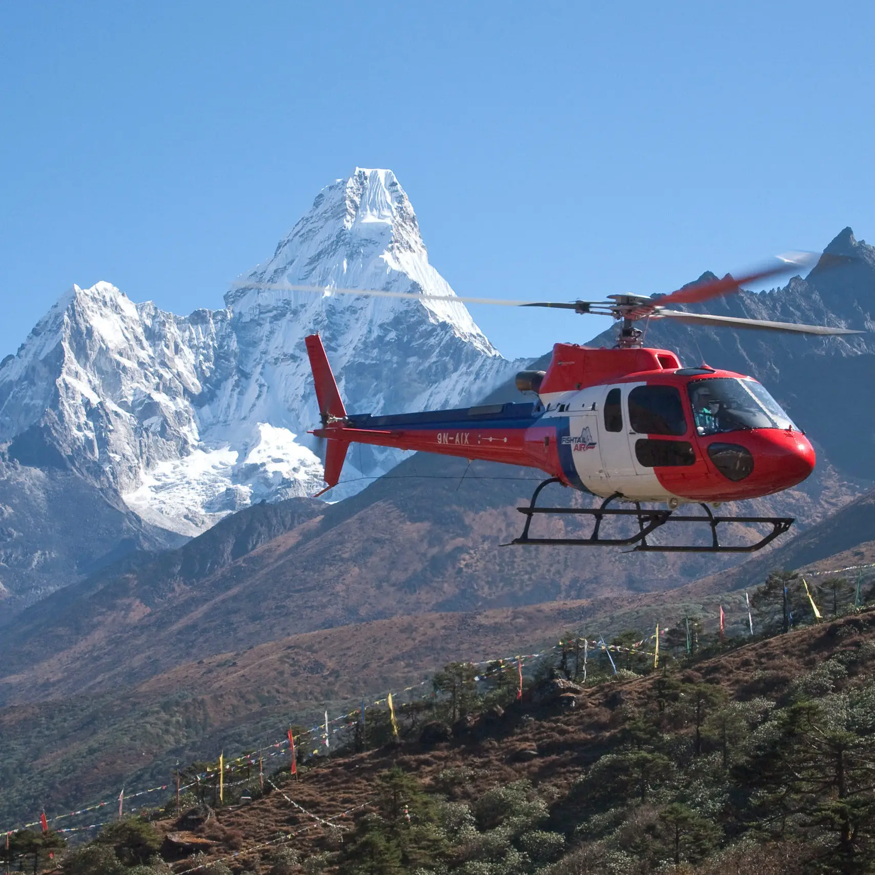 Tengboche, Helicopter in flight, Mountains of Nepal